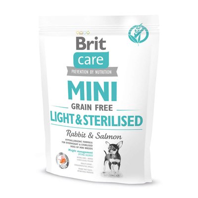 Сухий корм Brit Care GF Mini Light & Sterilised для дорослих собак дрібних порід із зайвою вагою або стерилізованих, з кроликом та лососем, 400г 170786/1074 фото