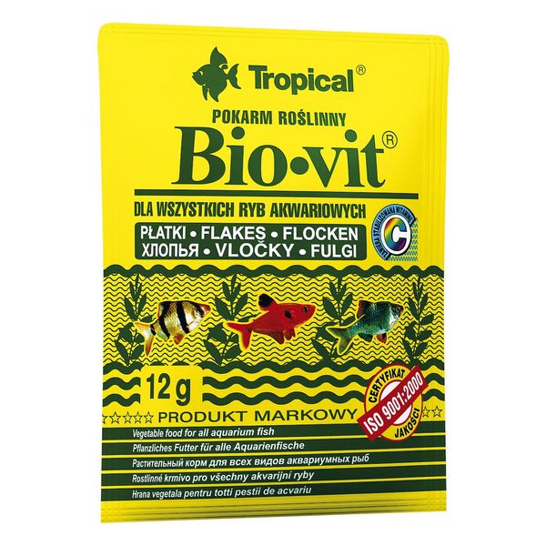 Сухий корм Tropical Bio-Vit для травоїдних акваріумних риб, 12 г (пластівці) 74411 фото