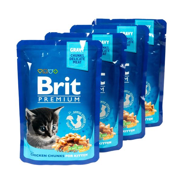 Набір паучів "3+1" для кошенят Brit Premium Cat pouch Chicken Chunks for Kitten з куркою, 4х100г VAFO_030349 фото