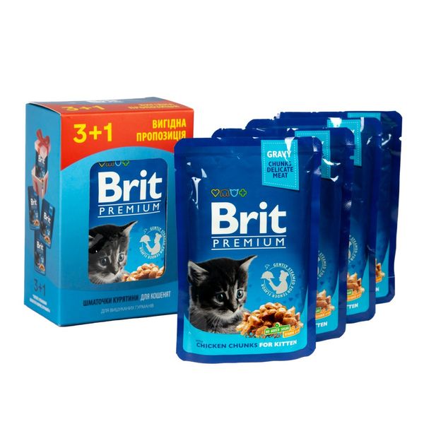 Набір паучів "3+1" для кошенят Brit Premium Cat pouch Chicken Chunks for Kitten з куркою, 4х100г VAFO_030349 фото