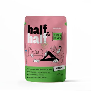 Корм вологий Half&Half для кошенят, шматочки з індичкою у желе у формі пауча, 100 г 20864 фото