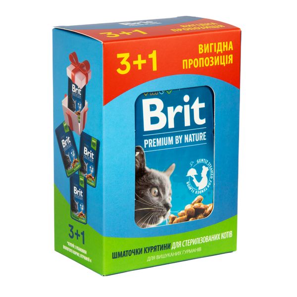 Набір паучів "3+1" для стерилізованих котів Brit Premium Cat pouch Chicken Slices for Sterilised з куркою, 4х100г VAFO_030356 фото