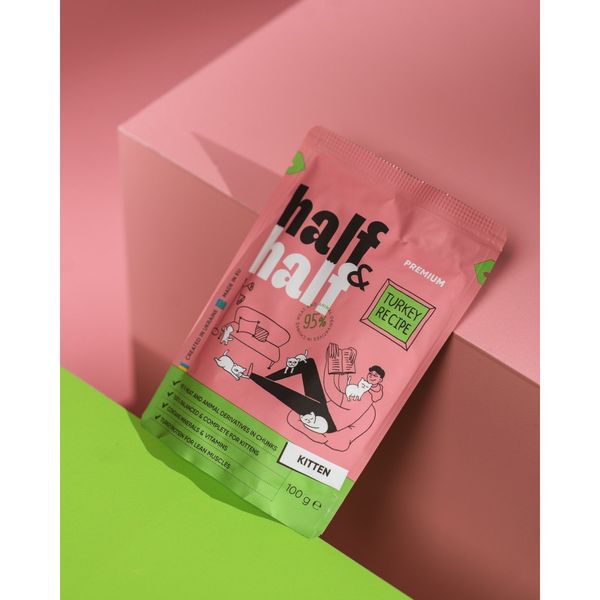 Корм вологий Half&Half для кошенят, шматочки з індичкою у желе у формі пауча, 100 г 20864 фото