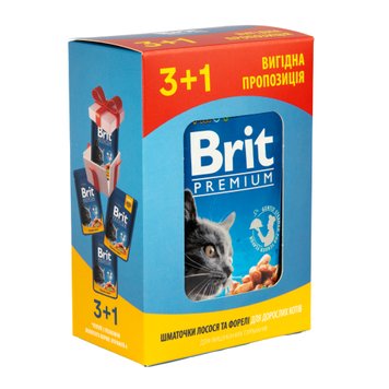 Набір паучів "3+1" для котів Brit Premium Cat pouch з лососем і фореллю, 4 х 100г VAFO_030325 фото