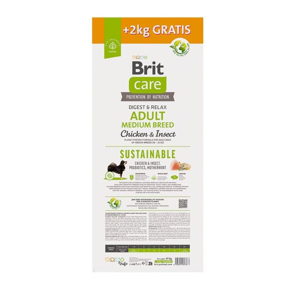 Корм Brit Care Dog Sustainable Adult Medium Breed для собак середніх порід, з куркою та комахами, 12+2 кг 172660 фото