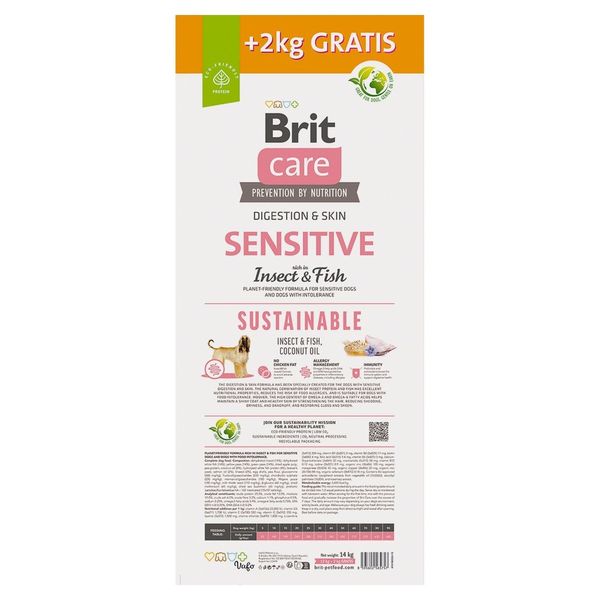 Корм Brit Care Dog Sustainable Sensitive для собак з чутливим травленням, з рибою та комахами, 12+2 кг 172662 фото